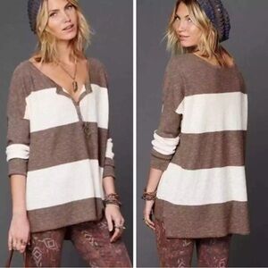 Free People Beach XS Gold Rush Brown White Striped Oversized Henley Top …